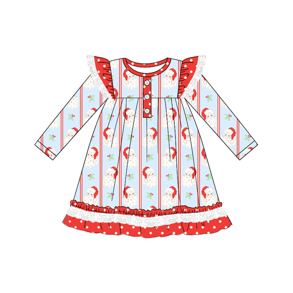 ( Moq 5 ) Preorder Baby Girl Long Sleeves Santa Stripes Buttons Ruffle Christmas Dress