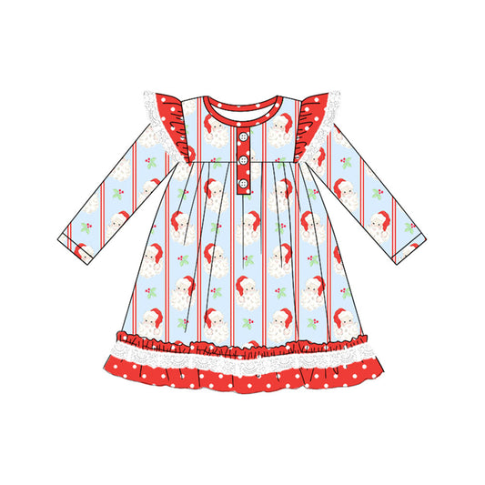 ( Moq 5 ) Preorder Baby Girl Long Sleeves Santa Stripes Buttons Ruffle Christmas Dress