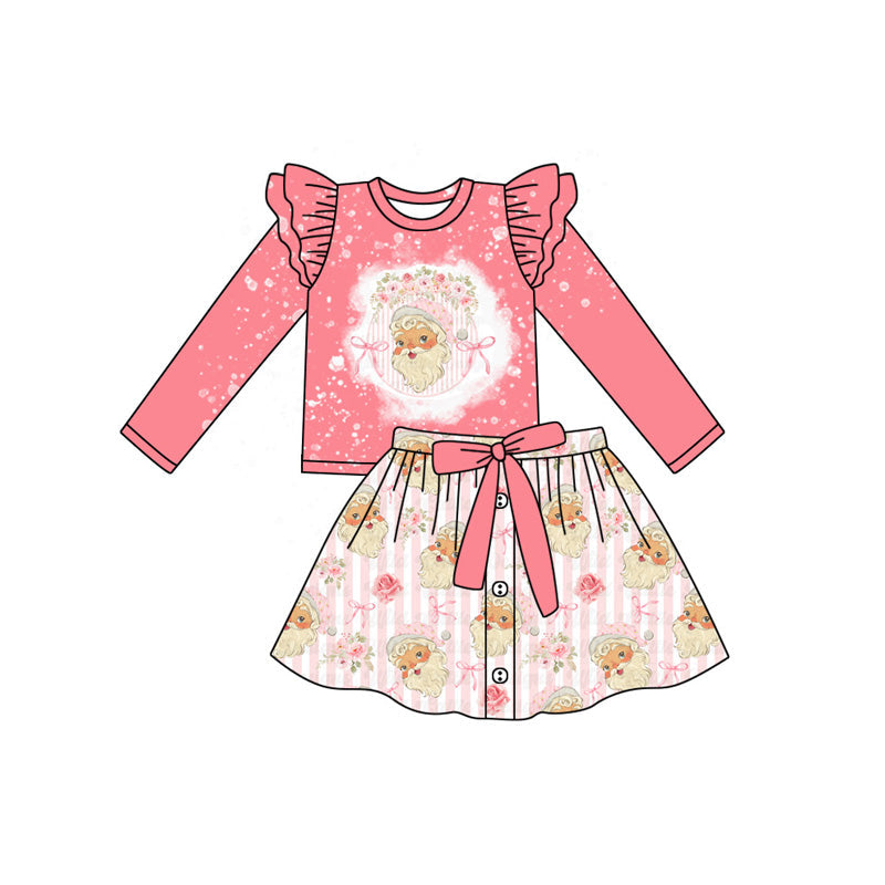 ( Moq 5 ) Preorder Baby Girl Long Sleeves Santa Shirt Bows Stripes Skirt Skort Christmas Set