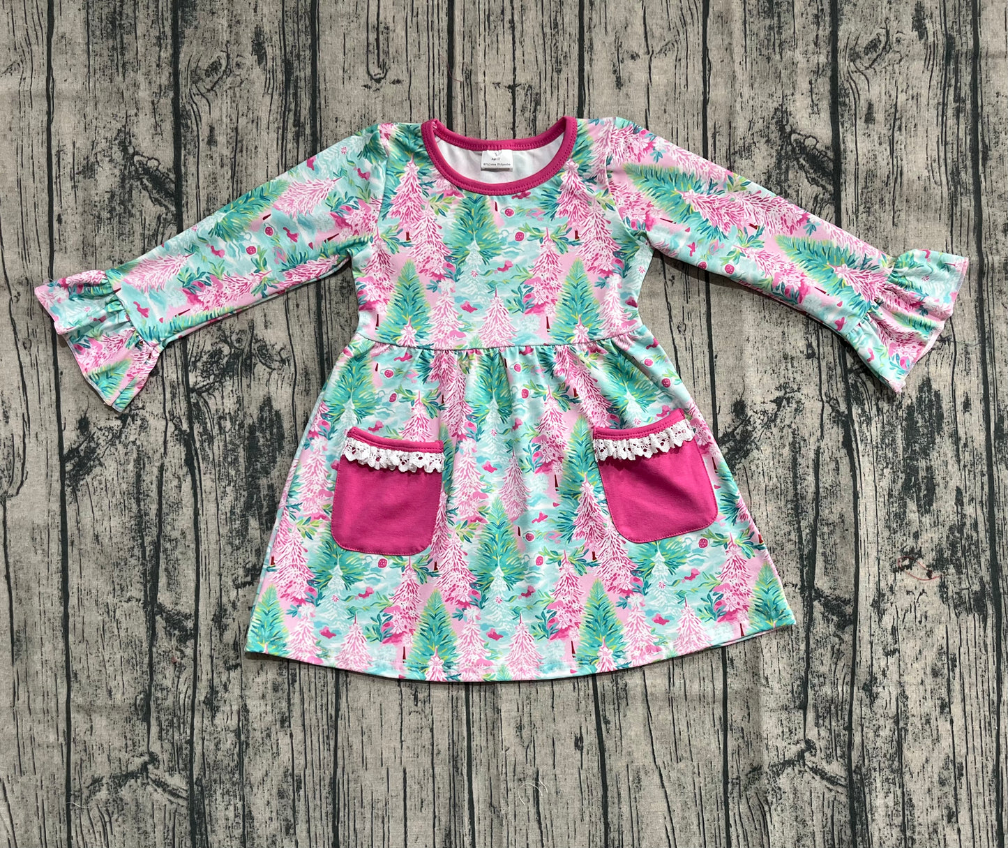 Baby Girl Long Sleeves Trees Floral Pockets Knee Length Christmas Dress RTS