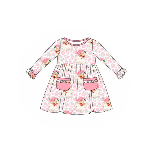 ( Moq 5 ) Preorder Baby Girl Long Sleeves Pink Leopard Santa Pockets Christmas Pink Dress
