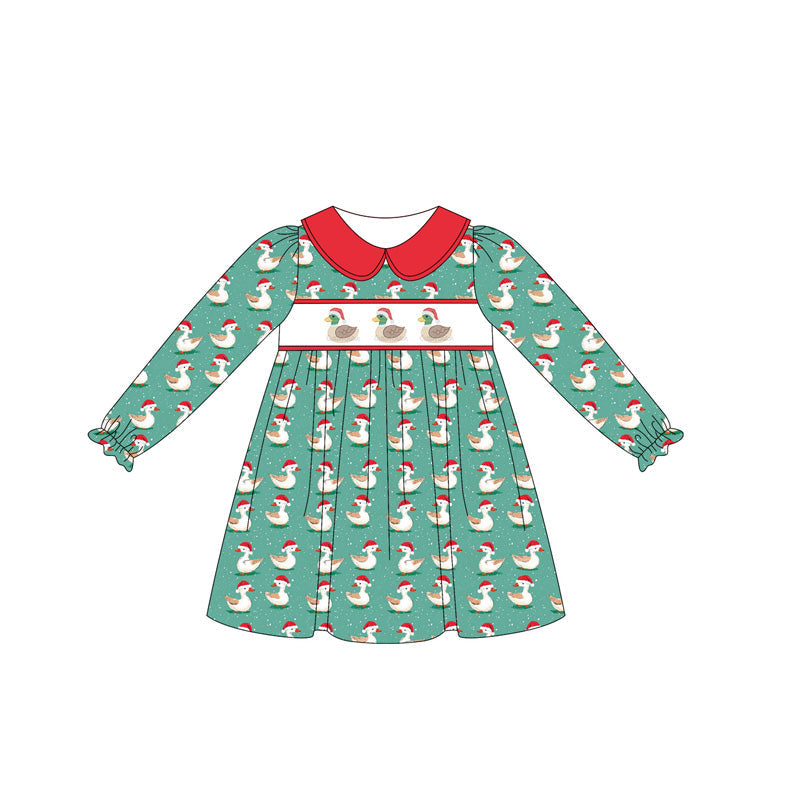 ( Moq 5 ) Preorder Baby Girl Long Sleeves Ducks Green Plaid Knee Length Christmas Dress