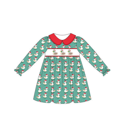 ( Moq 5 ) Preorder Baby Girl Long Sleeves Ducks Green Plaid Knee Length Christmas Dress