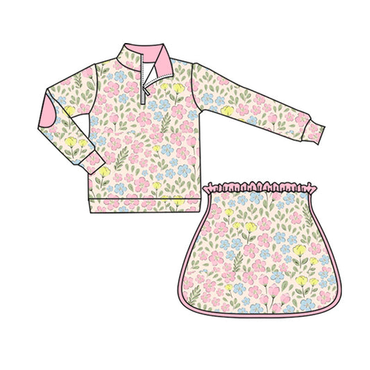 ( Moq 5 ) Preorder Baby Girl Long Sleeves Floral Zipper Tops Skirts Set