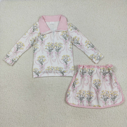 Girls Kids Flower Bows Zipper Shirt Skirt Shorts Skort Set Sibling Clothes RTS