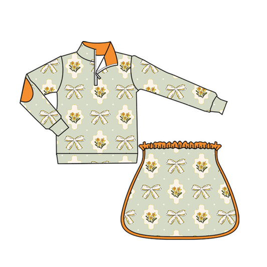 ( Moq 5 ) Preorder Baby Girl Long Sleeves Bows Flower Zipper Tops Skirts Set