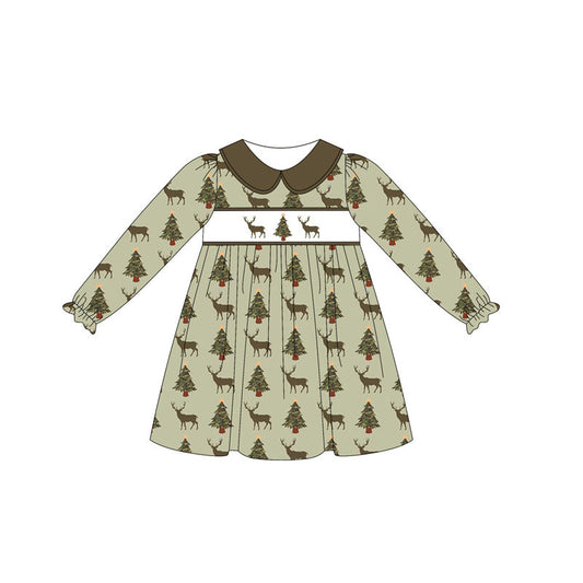 ( Moq 5 ) Preorder Baby Girl Long Sleeves Deer Trees Knee Length Green Dress