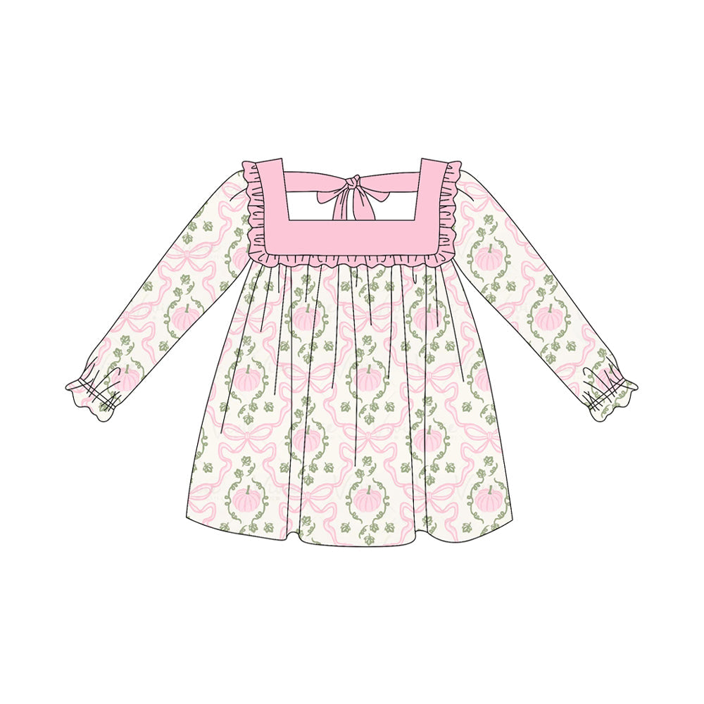 ( Moq 5 ) Preorder Baby Girl Long Sleeves Pink Ruffle Pumpkin Bows Knee Length Dress