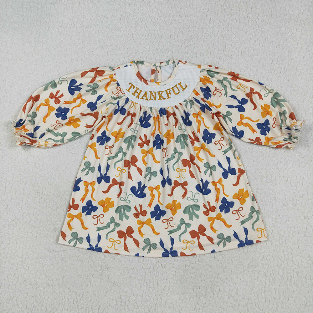 Baby Girl Long Sleeves Embroidery Thankful Colorful Bows Sibling Smocked Fall Romper Dress RTS