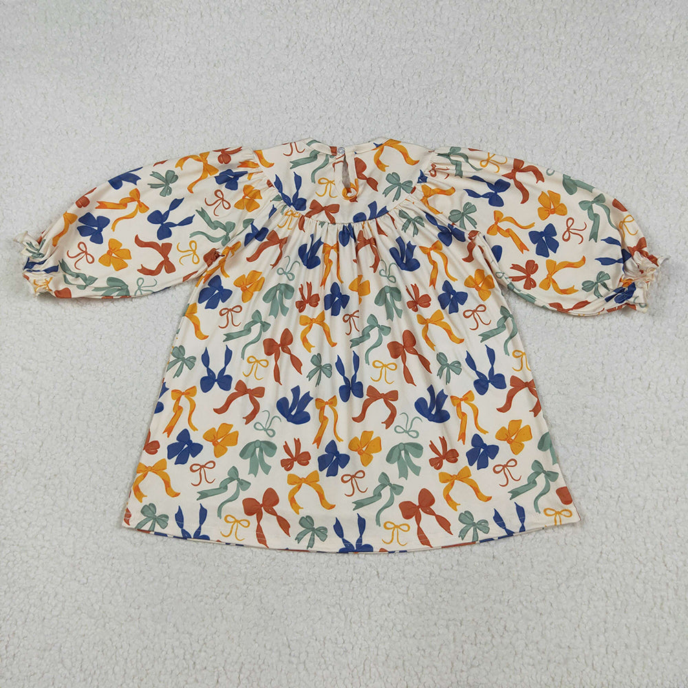 Baby Girl Long Sleeves Embroidery Thankful Colorful Bows Sibling Smocked Fall Romper Dress RTS