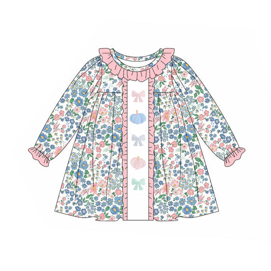 ( Moq 5 ) Preorder Baby Girl Long Sleeves Floral Bows Pumpkins Ruffle Dress