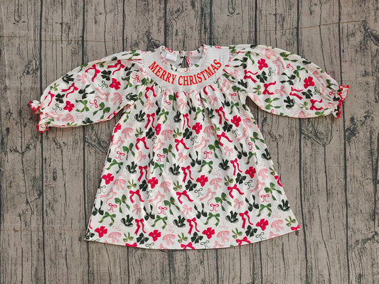 ( No moq ) Preorder Baby Girl Long Sleeves Merry Christmas Bows Embroidery Smocked Dress