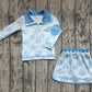 Baby Girl Long Sleeves Blue Flower Plaid Zipper Shirt Skort Yoga Active Clothes Set RTS