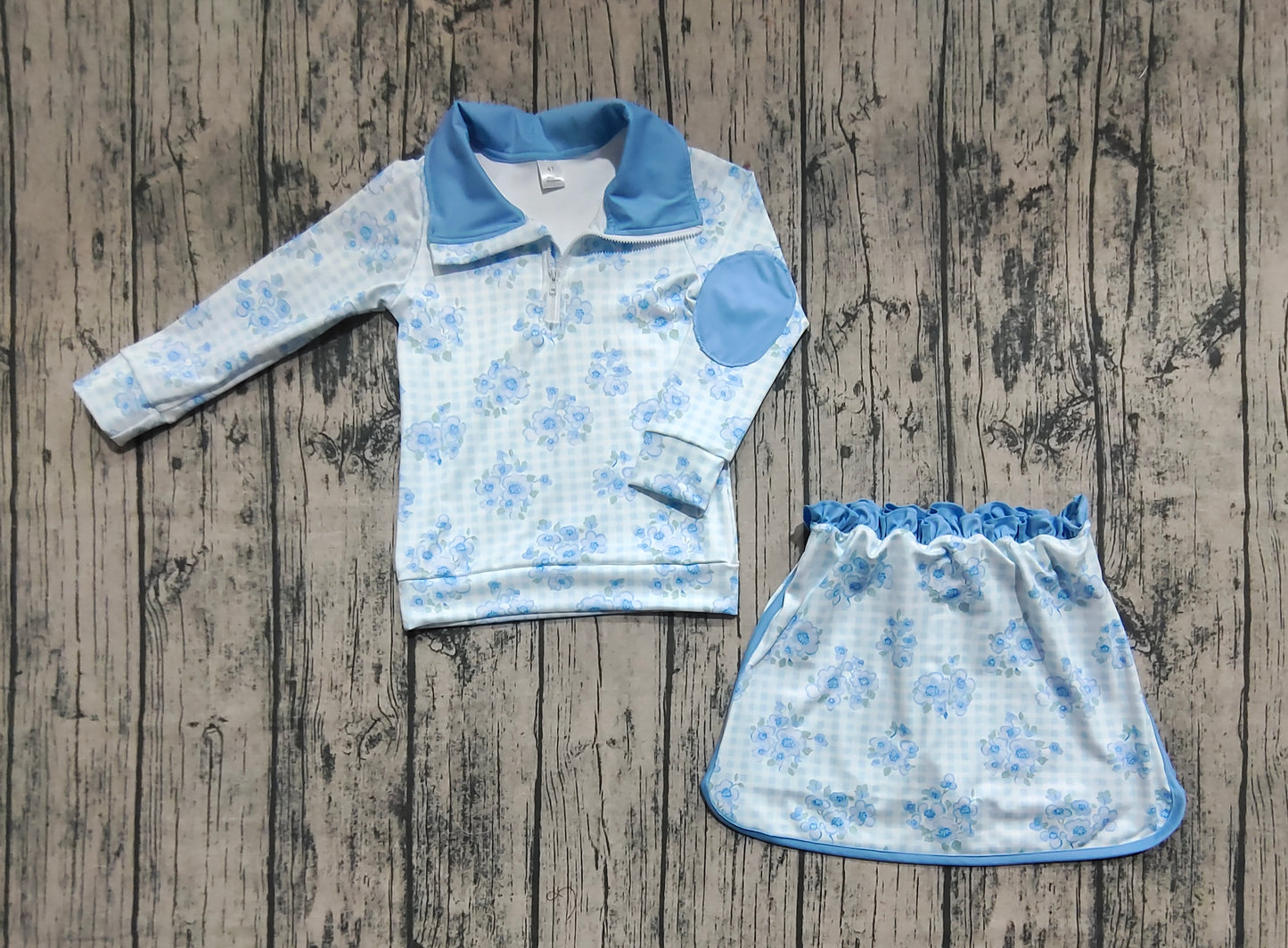 Baby Girl Long Sleeves Blue Flower Plaid Zipper Shirt Skort Yoga Active Clothes Set RTS
