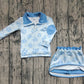 Baby Girl Long Sleeves Blue Flower Plaid Zipper Shirt Skort Yoga Active Clothes Set RTS