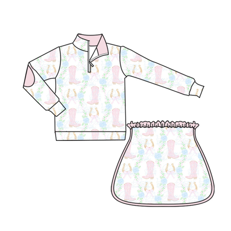 ( Moq 5 ) Preorder Baby Girl Long Sleeves Boots Flower Zipper Shirt Skort Yoga Active Clothes Set