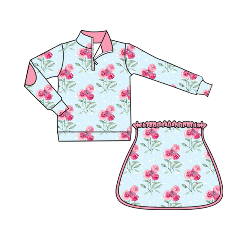 ( Moq 5 ) Preorder Baby Girl Long Sleeves Flower Zipper Shirt Skorts Yoga Active Blue Clothes Set