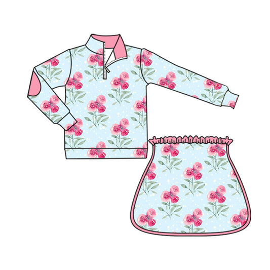 ( Moq 5 ) Preorder Baby Girl Long Sleeves Flower Zipper Shirt Skorts Yoga Active Blue Clothes Set