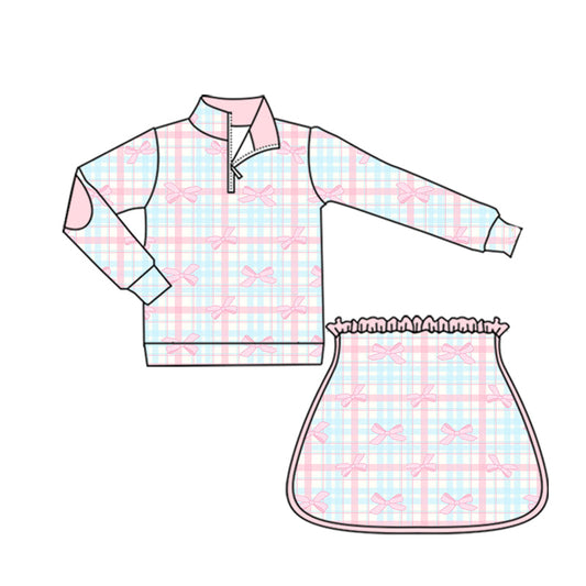 ( Moq 5 ) Preorder Baby Girl Long Sleeves Bows Plaid Zipper Shirt Skort Yoga Active Set