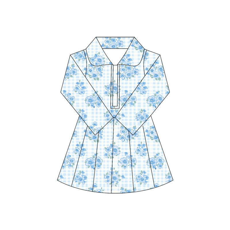 ( Moq 5 ) Preorder Baby Girl Long Sleeves Blue Flower Plaid Knee Length Yoga Active Dress