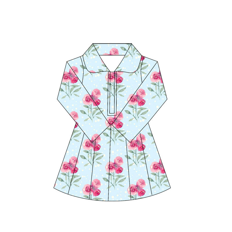 ( Moq 5 ) Preorder Baby Girl Long Sleeves Flower Knee Length Yoga Active Blue Dress