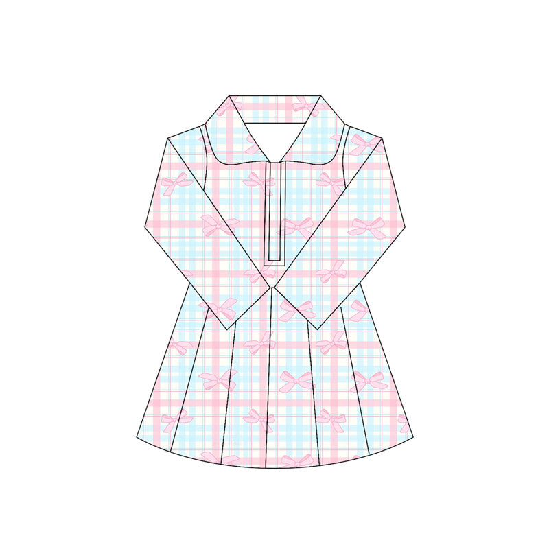 ( Moq 5 ) Preorder Baby Girl Long Sleeves Bows Plaid Knee Length Yoga Active Dress