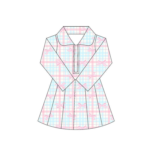 ( Moq 5 ) Preorder Baby Girl Long Sleeves Bows Plaid Knee Length Yoga Active Dress