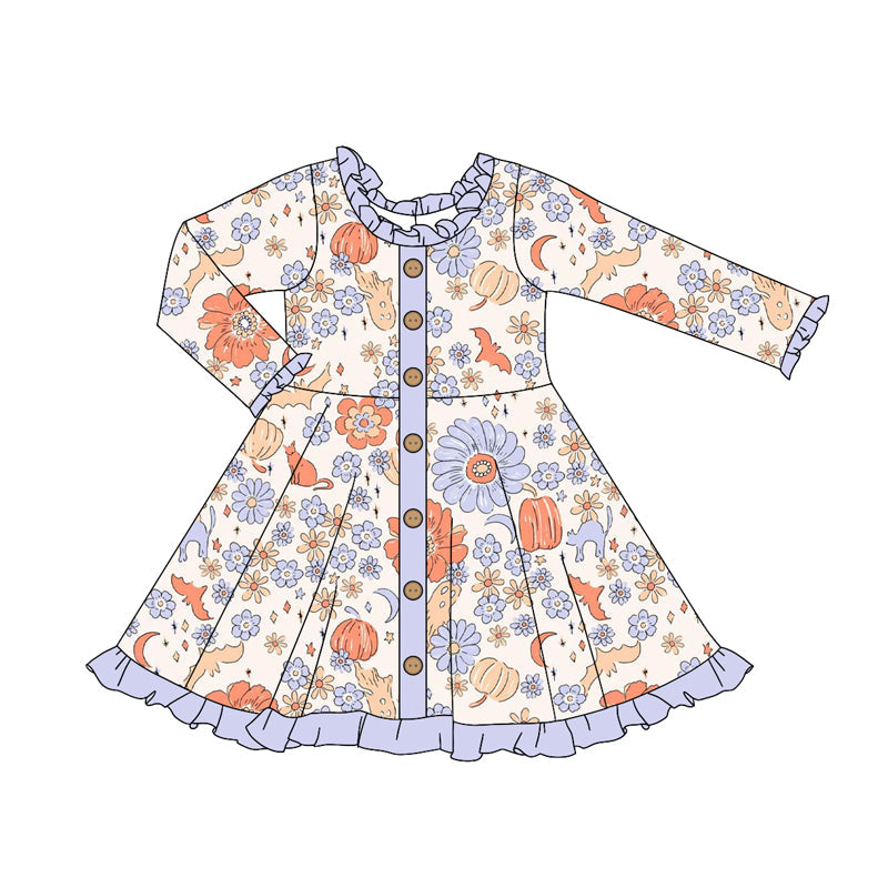 ( Moq 5 ) Preorder Baby Girl Long Sleeves Pumpkin Flower Buttons Ruffle Knee Length Dress