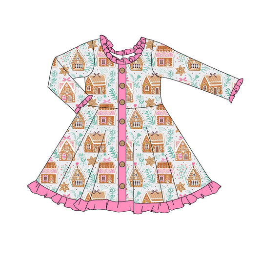 ( Moq 5 ) Preorder Baby Girl Long Sleeves Cake House Christmas Buttons Ruffle Knee Length Dress