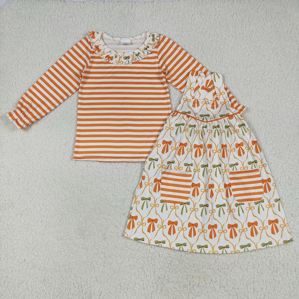 Baby Girl Toddler Stripes Bows Sibling Romper Pockets Dress Set Fall Clothes RTS