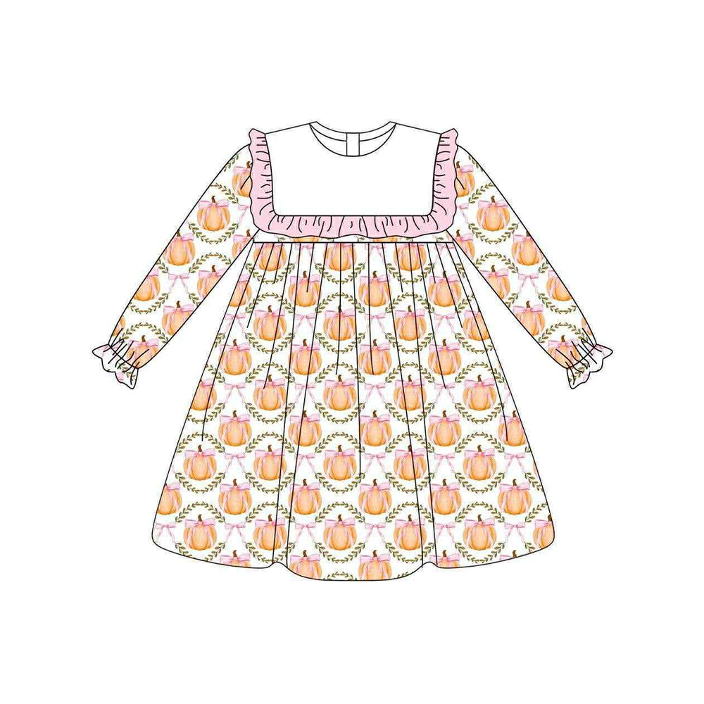 ( Moq 5 ) Preorder Baby Girl Long Sleeves Pumpkin Bows Knee Length Dress