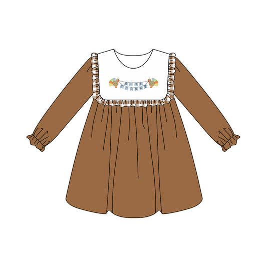 ( Moq 5 ) Preorder Baby Girl Brown Long Sleeves turkey Thanksgiving Ruffle Knee Length Dress