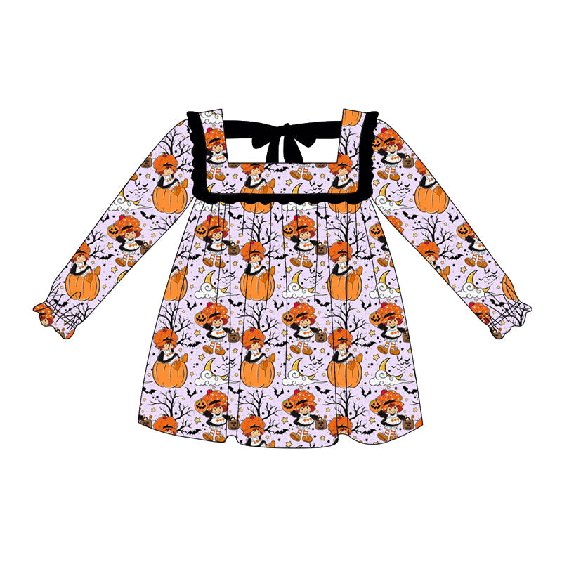 ( Moq 5 ) Preorder Baby Girl Long Sleeves Halloween Pumpkin Ruffle Knee Length Dress