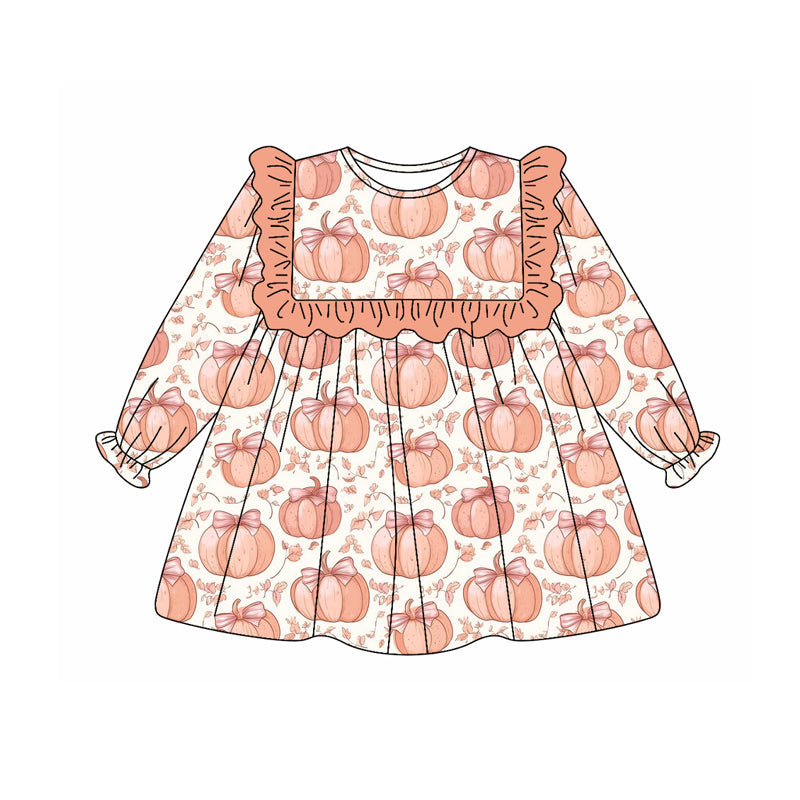 ( Moq 5 ) Preorder Baby Girl Long Sleeves Bows Pumpkins Knee Length Ruffle Dress