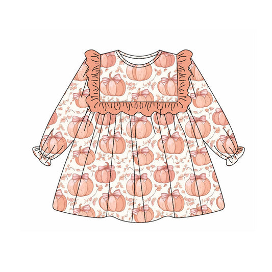 ( Moq 5 ) Preorder Baby Girl Long Sleeves Bows Pumpkins Knee Length Ruffle Dress