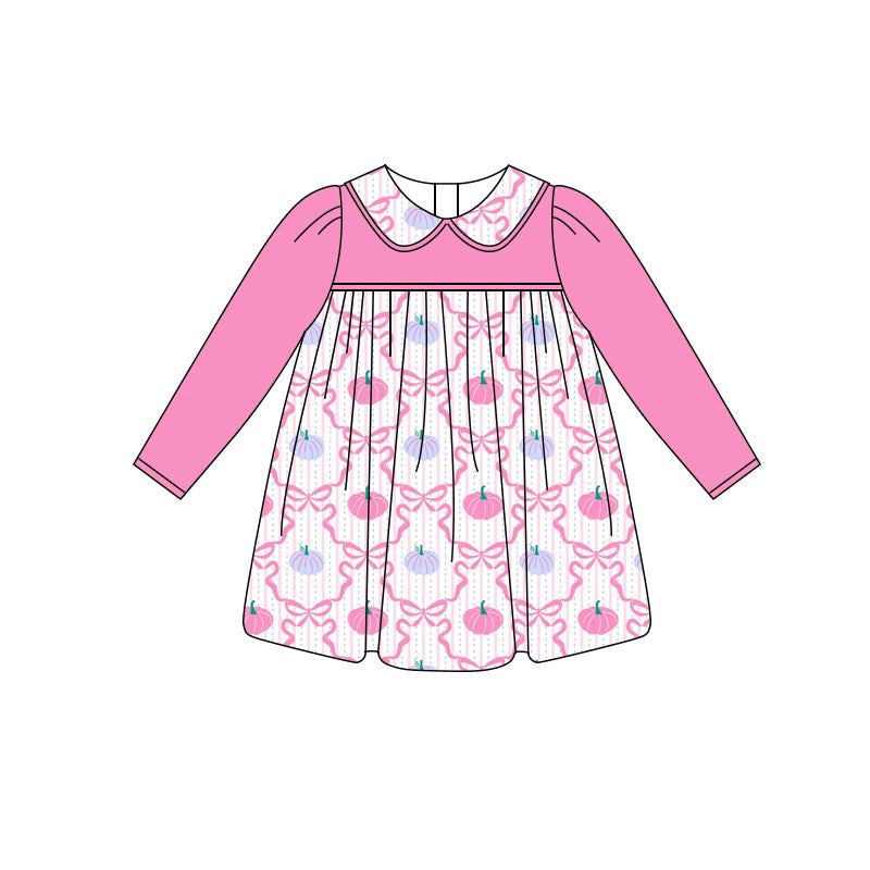 ( Moq 5 ) Preorder Baby Girl Pink Long Sleeves Bows Pumpkins Knee Length Dress