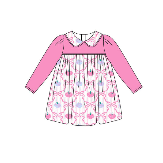 ( Moq 5 ) Preorder Baby Girl Pink Long Sleeves Bows Pumpkins Knee Length Dress