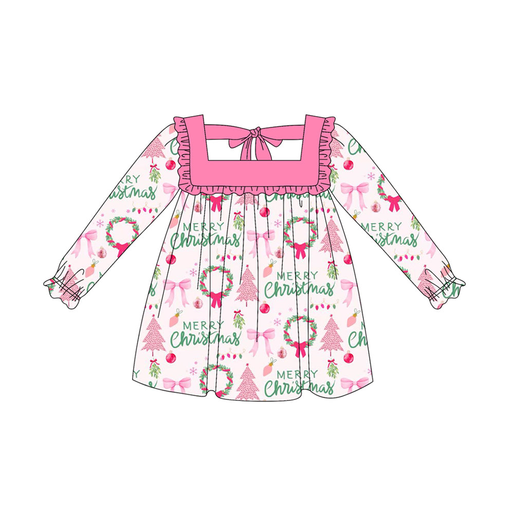 ( Moq 5 ) Preorder Baby Girl Long Sleeves Merry Christmas Bows Trees Knee Length Dress