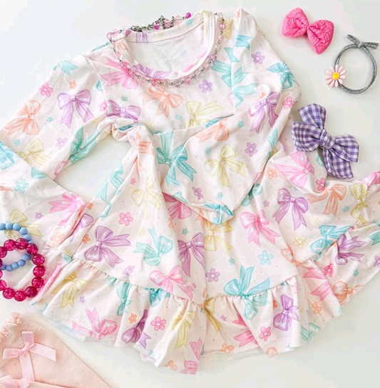 ( Moq 5 ) Preorder Baby Girl Long Sleeves Colorful Bows Flower Long Sleeve Knee Length Dress