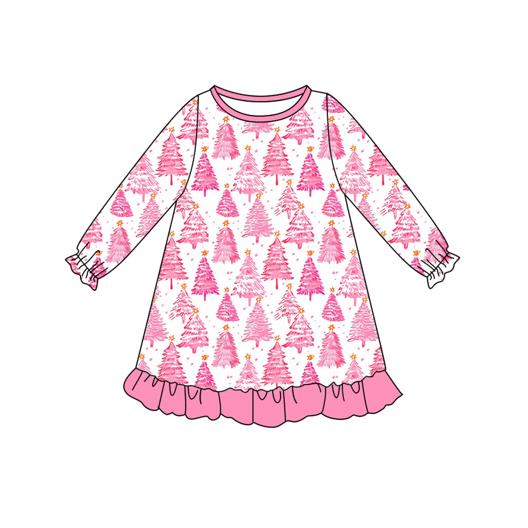 ( Moq 5 ) Preorder Baby Girl Long Sleeves Pink Tree Christmas Knee Length Dress