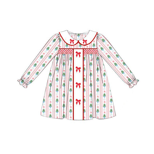 ( Moq 5 ) Preorder Baby Girl Long Sleeves Tree Bows Christmas Knee Length Dress