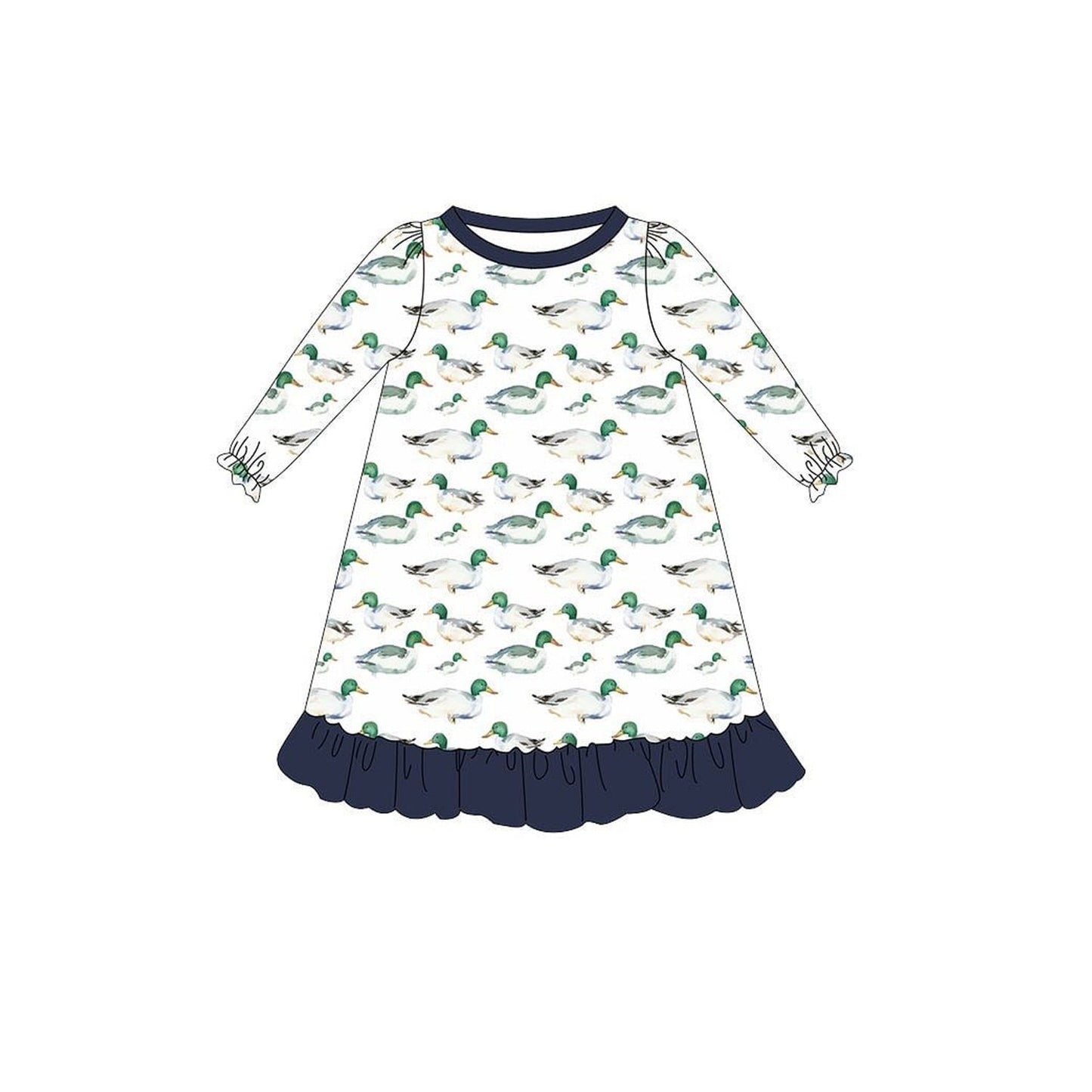 ( Moq 5 ) Preorder Baby Girl Long Sleeves Ducks Ruffle Knee Length Dress