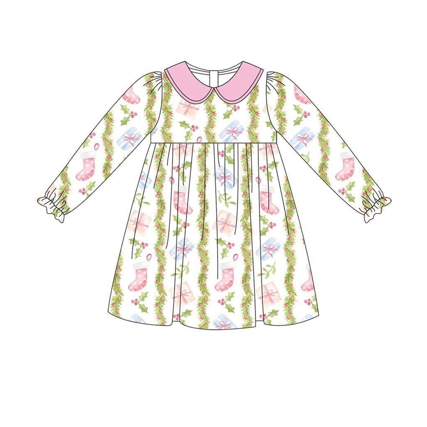 ( Moq 5 ) Preorder Baby Girl Long Sleeves Gifts Floral Christmas Knee Length Dress