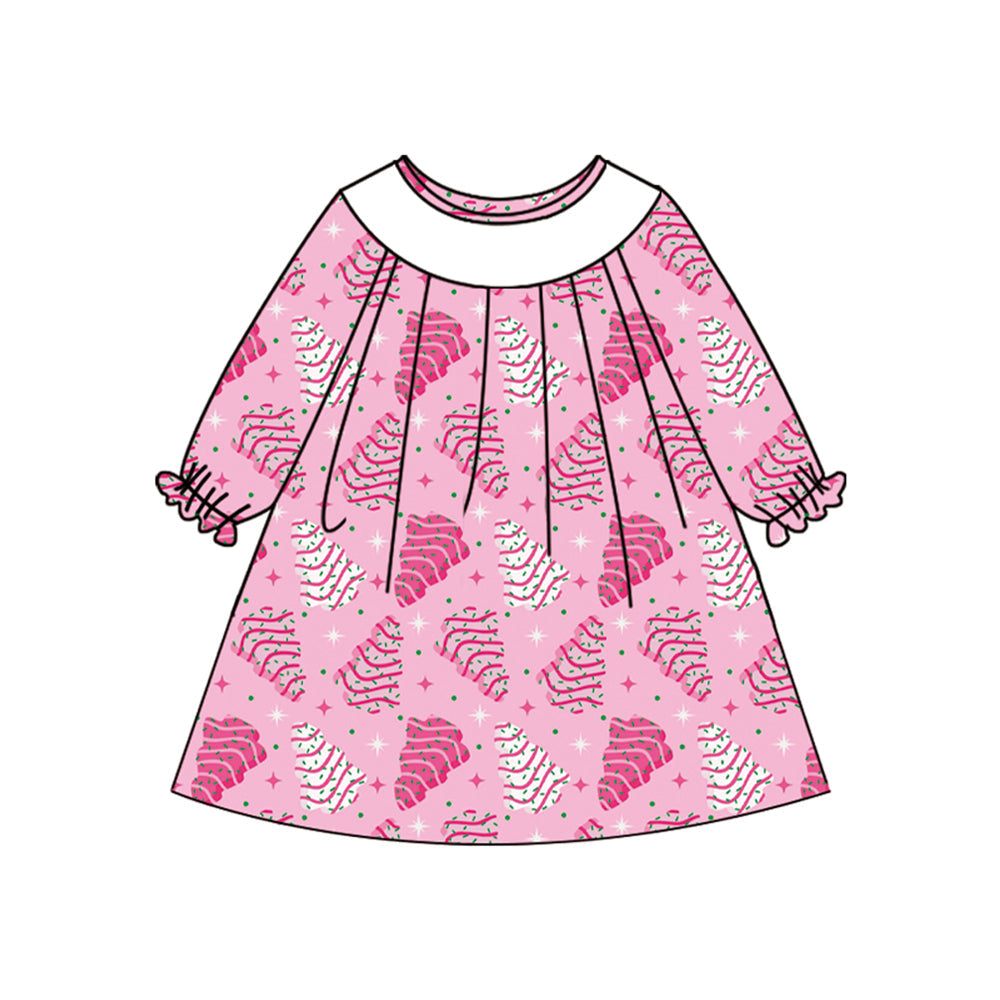 ( Moq 5 ) Preorder Baby Girl Pink Long Sleeves Cake Trees Christmas Knee Length Dress