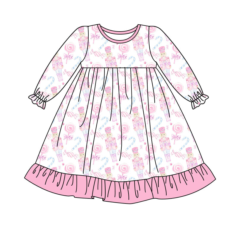 ( Moq 5 ) Preorder Baby Girl Long Sleeves Soldier Candy Christmas Pink Ruffle Dress