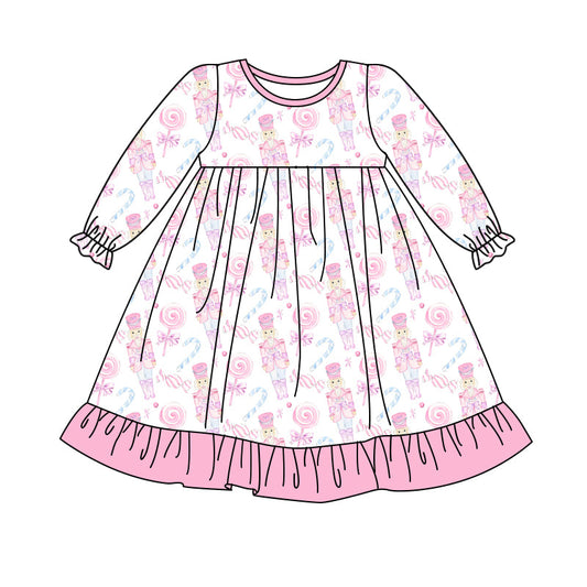 ( Moq 5 ) Preorder Baby Girl Long Sleeves Soldier Candy Christmas Pink Ruffle Dress