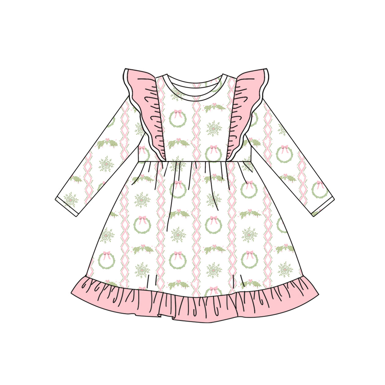 ( Moq 5 ) Preorder Baby Girl Long Sleeves Holly Bows Christmas Pink Ruffle Knee Length Dress
