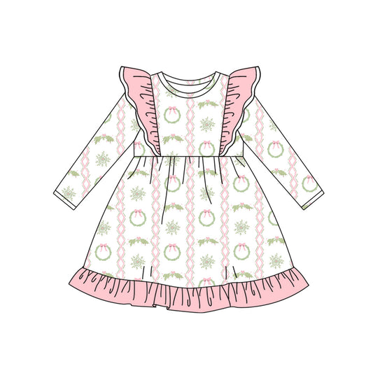 ( Moq 5 ) Preorder Baby Girl Long Sleeves Holly Bows Christmas Pink Ruffle Knee Length Dress