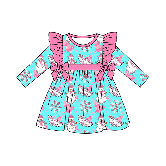 ( Moq 5 ) Preorder Baby Girl Long Sleeves Snowman Tree Pink Bows Christmas Knee Length Dress