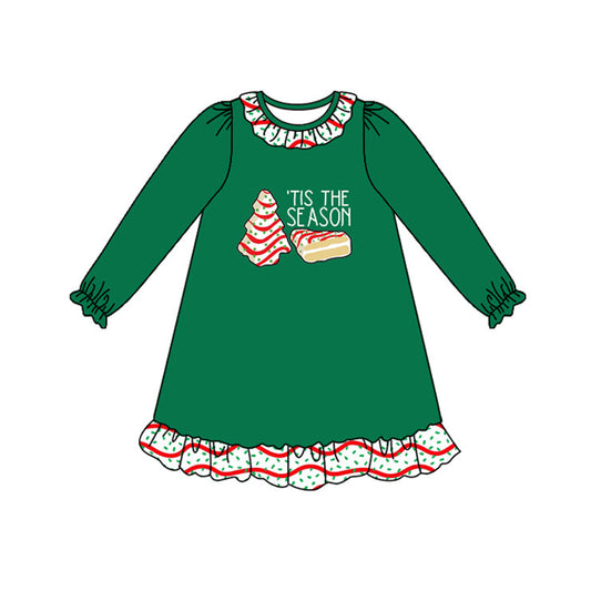 ( Moq 5 ) Preorder Baby Girl Long Sleeves Cakes Christmas Green Ruffle Knee Length Dress